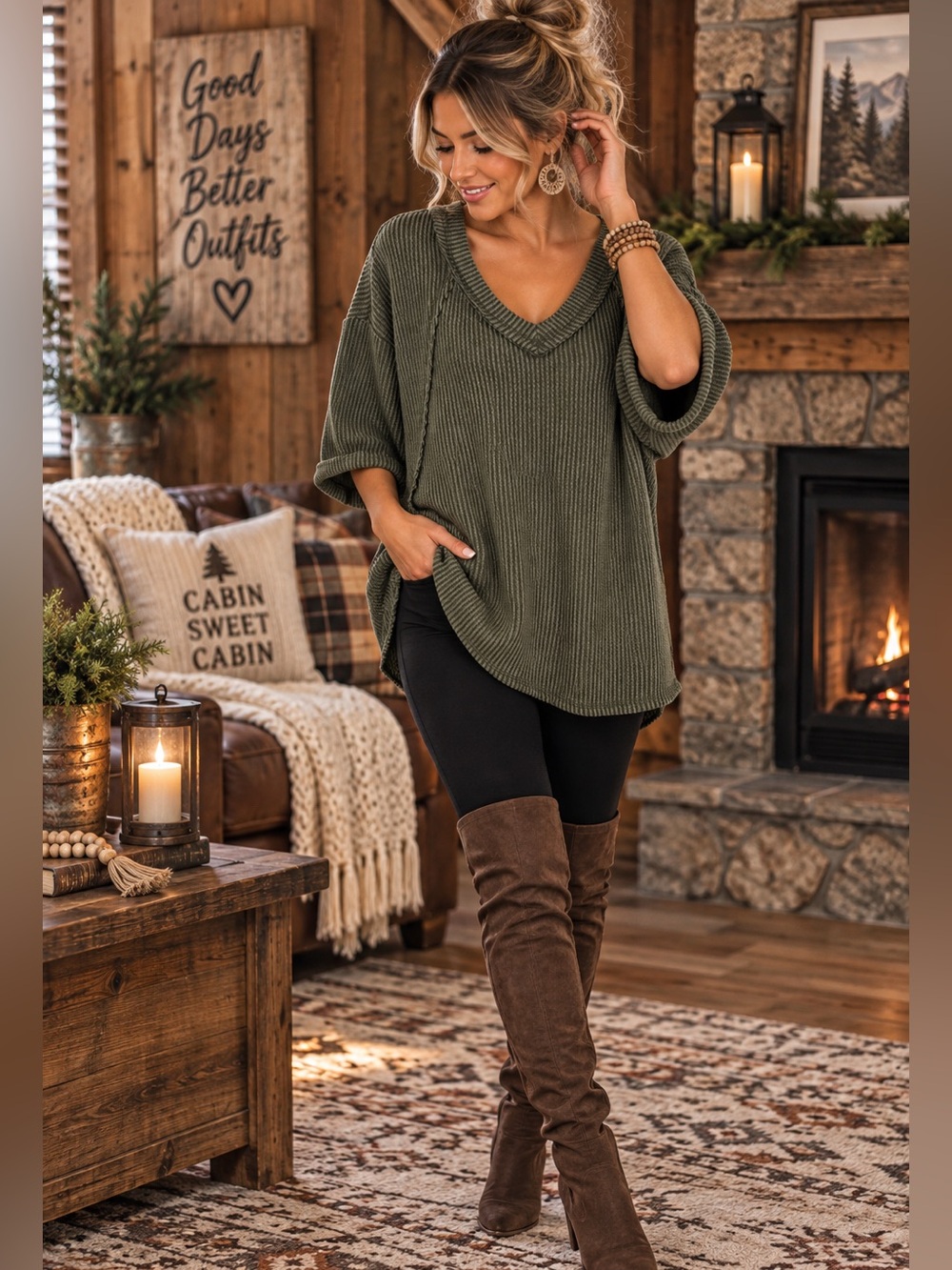 Zenana S/M Olive Oversized Ribbed Knit V Neck Boho Tunic Top Slouchy